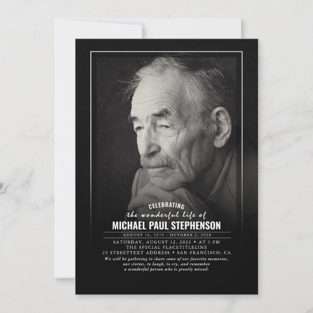 Elegante Faded Photo Black Funeral Invitación (Anverso)