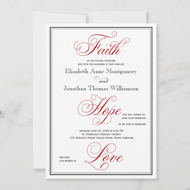 Elegante Fe Roja Esperanza Amor Invitación a la Bo (Anverso)