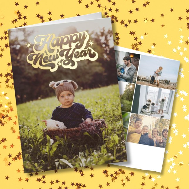 Elegante Feliz Año Nuevo 8 foto doblada (Happy New Year Holiday Card 8 Photos Family Holiday Card)