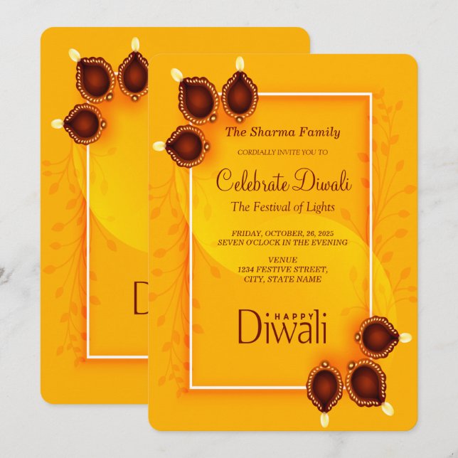 Elegante Feliz Diwali Golden Party Invitación (Anverso / Reverso)