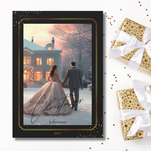 Elegante Feliz Navidad Black Gold Couple Foto (Subido por el creador)