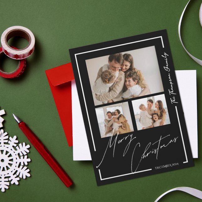 Elegante Feliz Navidad Blanco Negro Multi Photo (Elegant Merry Christmas Black White Multi Photo Holiday Card)