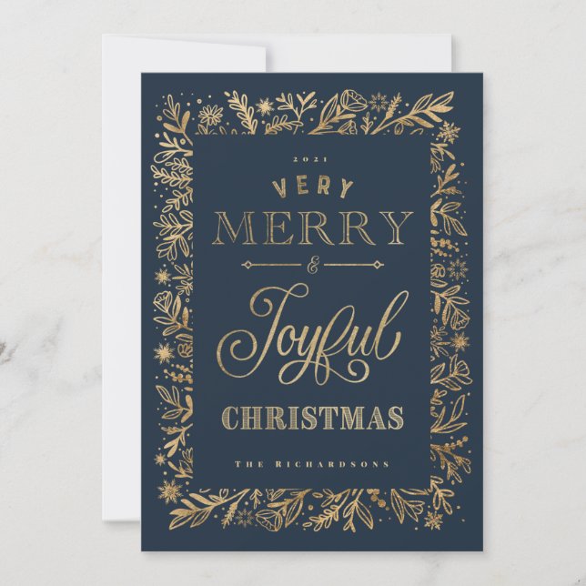 Elegante Feliz Navidad Foliage y copos de nieve (Anverso)