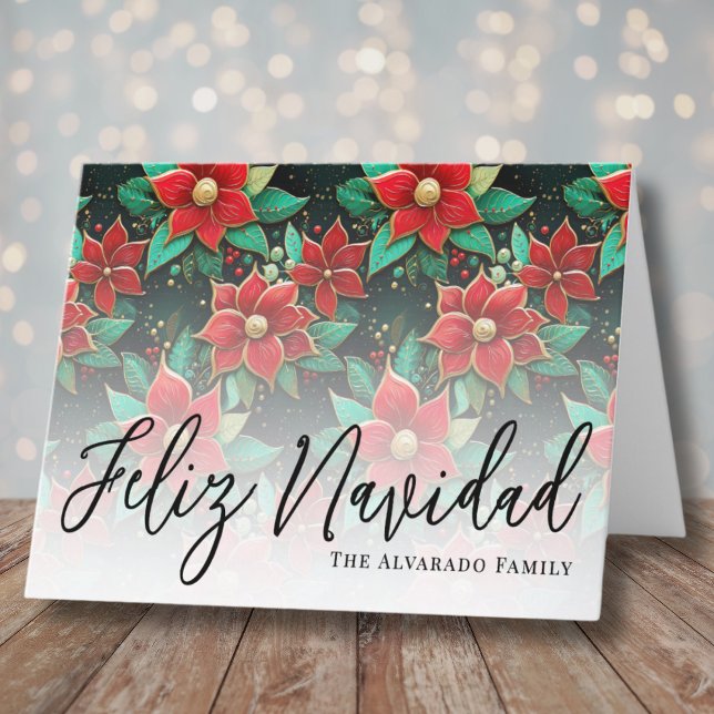Elegante Feliz Navidad Navidad (Elegant Poinsettia Flowers Feliz Navidad Christmas Holiday Card)