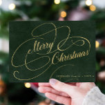 Elegante Feliz Navidad oro verde oscuro no foto<br><div class="desc">Elegante guión elegante de imitación de oro simple texto y firma personalizada verde oscuro no foto tarjeta de vacaciones.</div>