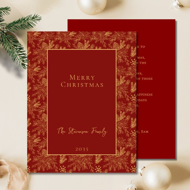 Elegante Feliz Navidad Red Golden Poinsettia Pine (Subido por el creador)