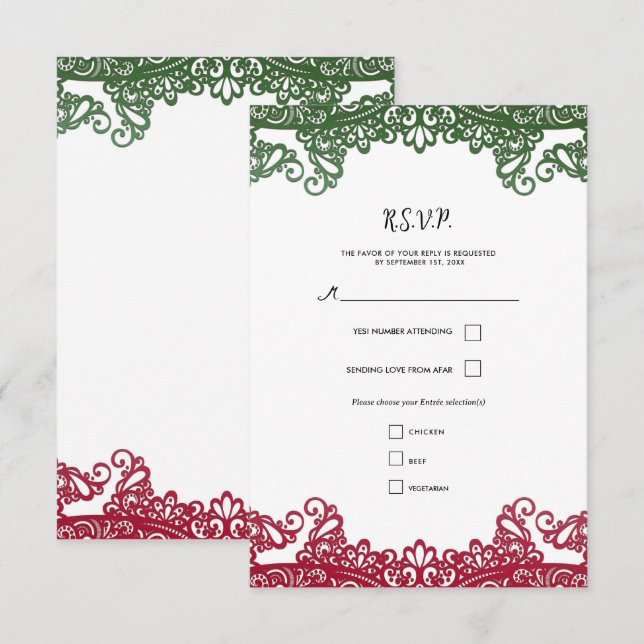 Elegante Fiesta Boda Verde y Rojo RSVP (Anverso / Reverso)