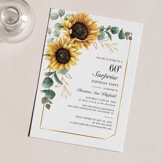 Elegante fiesta de cumpleaños de Floral de girasol (Sunflower Eucalyptus 60th Birthday Party Invitation)