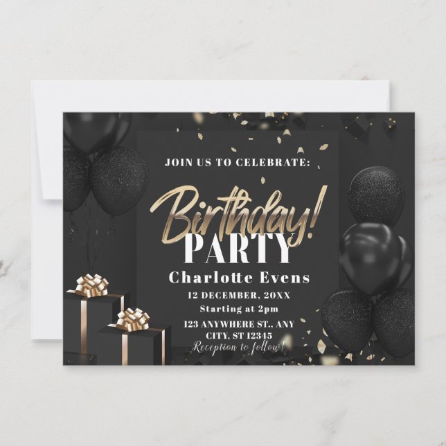 Elegante fiesta de cumpleaños de negro y oro (Anverso)