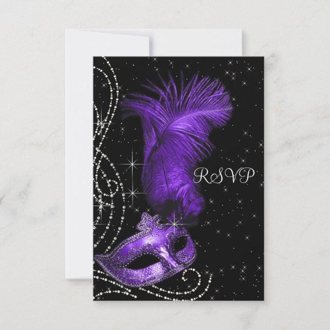 Elegante Fiesta de Mascaradas Negro y Morado RSVP (Anverso)