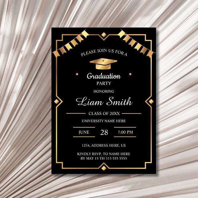 Elegante Fiesta de Oro Negro Invitación a graduaci (Elegant Black and Gold Graduation Party Card Invitation )