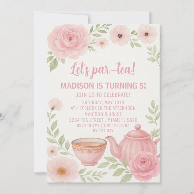 Elegante Fiesta de Té Floral Invitación de cumplea (Anverso)