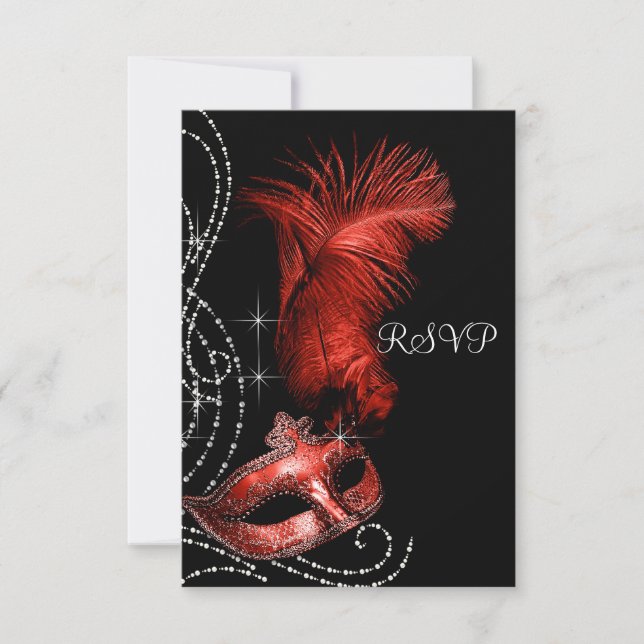 Elegante Fiesta negro y rojo de la mascarada RSVP (Anverso)