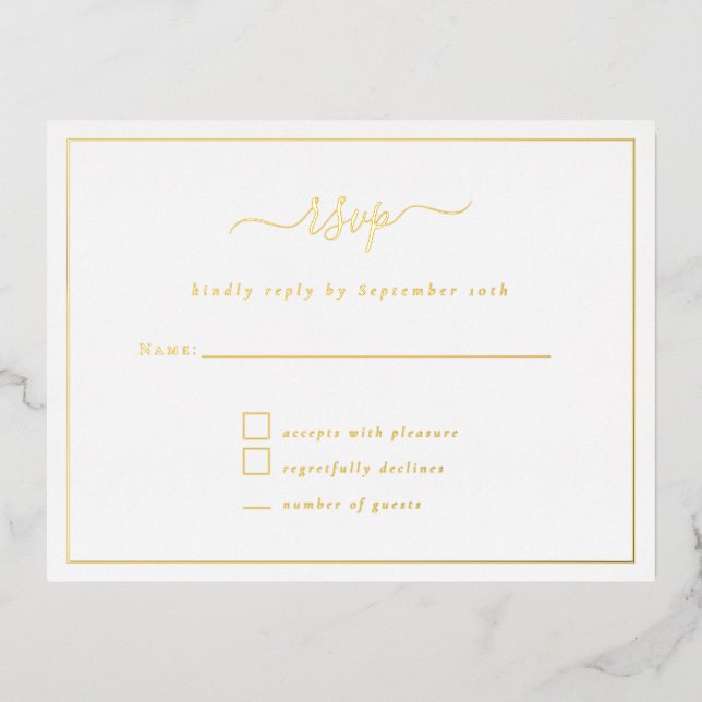 Elegante Fiesta Script tarjeta RSVP Relieve metali (Anverso)