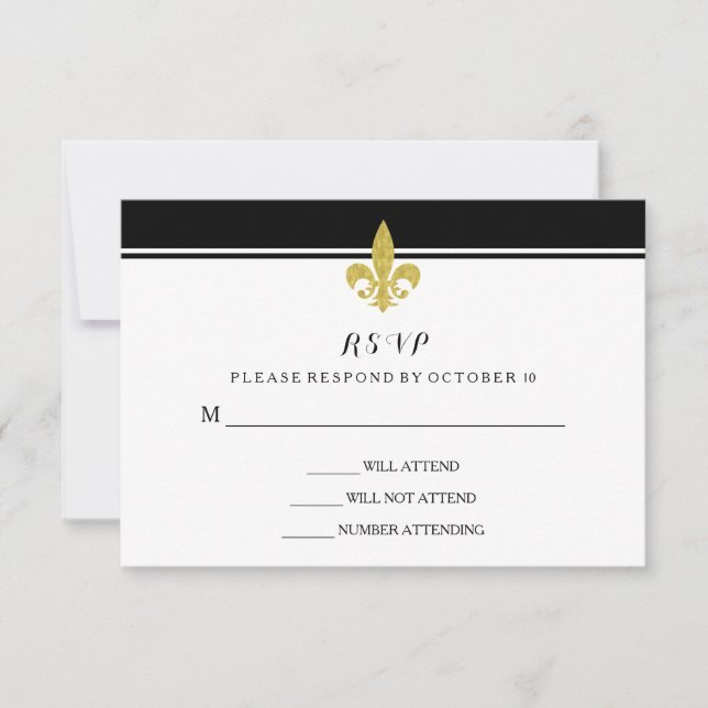 Elegante Fleur de Oro de Lis Negro y Blanco RSVP (Anverso)