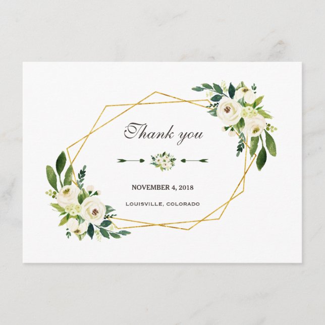 Elegante Flor Blanca Dorada Agradecimiento de Boda (Anverso)