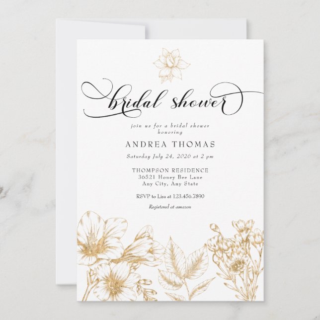 Elegante Flor de Oro | Invitaciones para Despedida (Anverso)