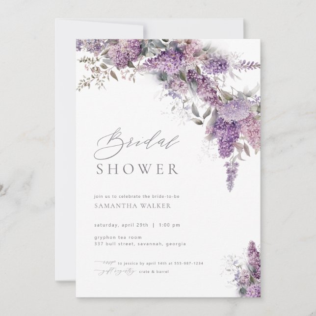 Elegante Flor Lilac Bridal Shower Invitación (Anverso)