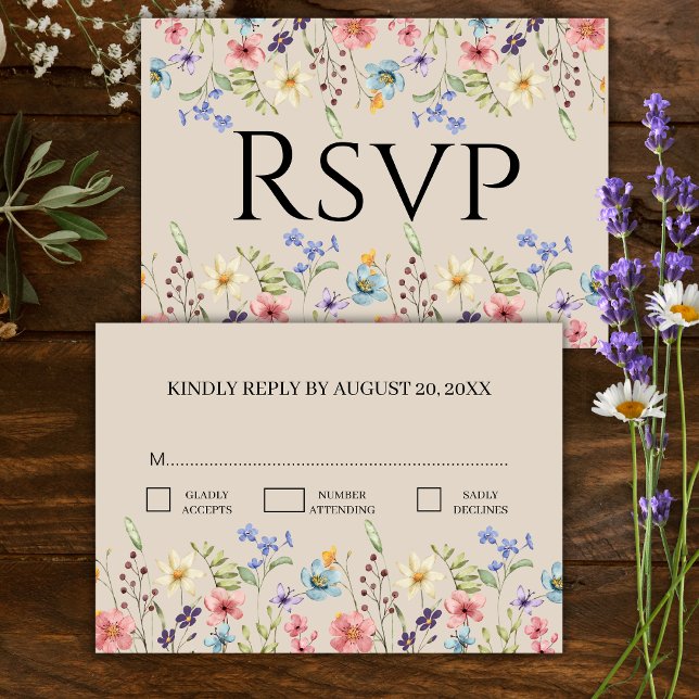Elegante flor silvestre Beige Wedding RSVP (Subido por el creador)