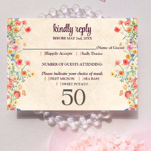 Elegante floral 50 cumpleaños tarjeta RSVP 50 flor