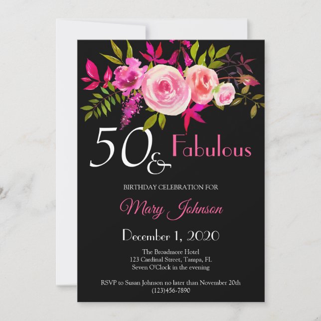 Elegante Floral 50 y fabulosa invitación al cumple (Anverso)