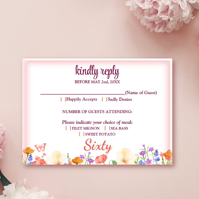Elegante floral 60º cumpleaños tarjeta RSVP 60 flo (Subido por el creador)