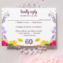 Elegante floral 60º cumpleaños tarjeta RSVP 60 flo