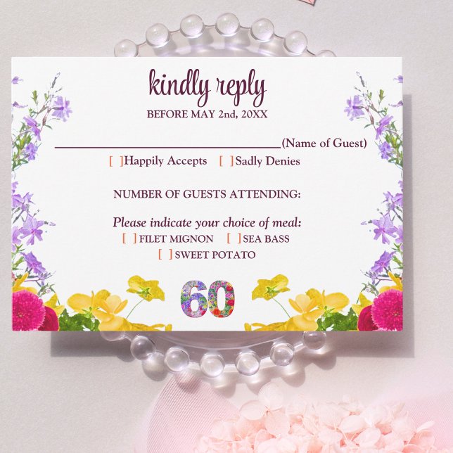 Elegante floral 60º cumpleaños tarjeta RSVP 60 flo (Subido por el creador)
