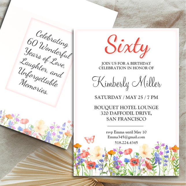 Elegante floral 60 cumpleaños flor 60 invitación (Subido por el creador)