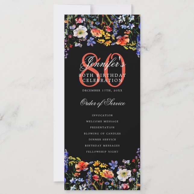 Elegante Floral 80º Programa de Cumpleaños Negro (Anverso)