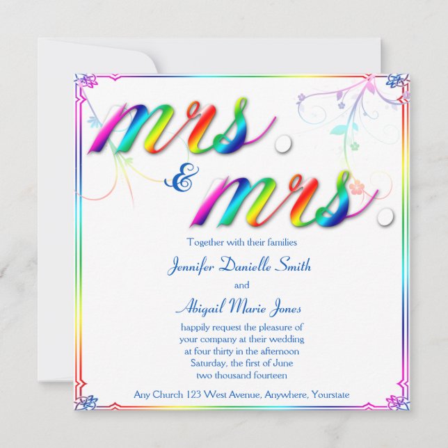 Elegante floral arcoiris Sra. Wedding Invitación (Anverso)