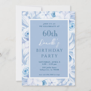 Elegante Floral Azul 60º cumpleaños invitaciones