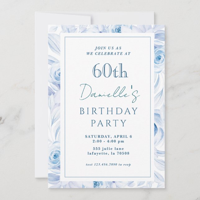 Elegante Floral Azul 60º cumpleaños invitaciones (Anverso)
