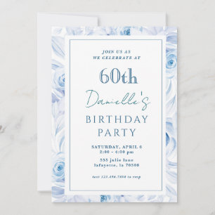 Elegante Floral Azul 60º cumpleaños invitaciones