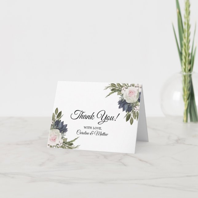 Elegante Floral Azul, Boda Rosa Tarjeta De Gracias (Anverso)