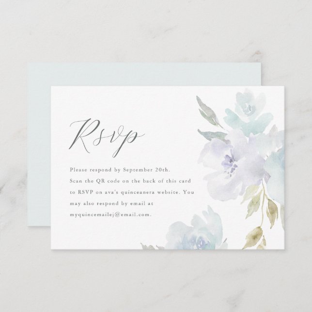 Elegante Floral Azul Quinceanera Código QR RSVP (Anverso / Reverso)