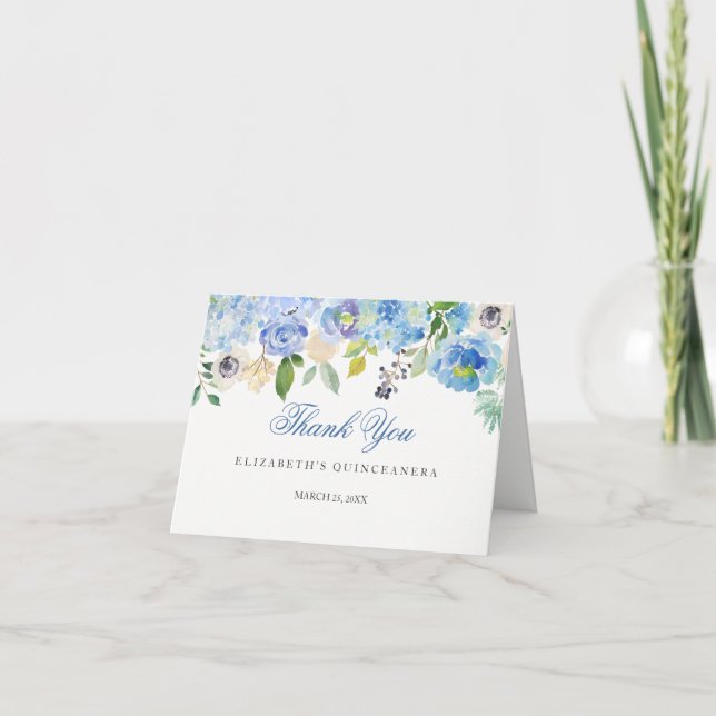 Elegante Floral Azul Quinceanera Tarjeta de agrade (Anverso)