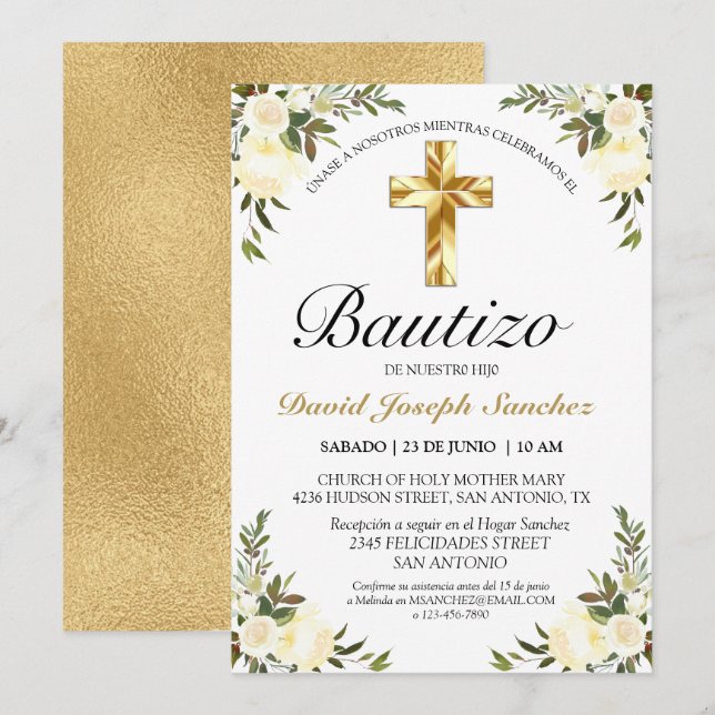Elegante Floral Bautizo Amarillo Bebé Invitación (Anverso / Reverso)