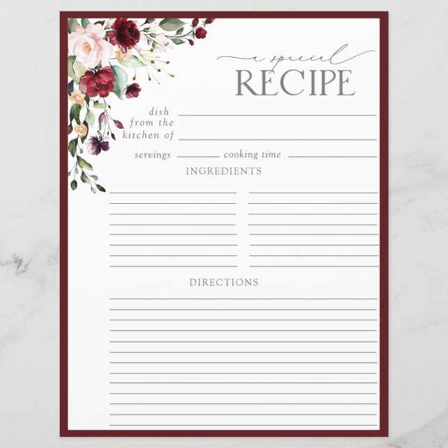 Elegante Floral Bridal Shower Receta Binder Página (Anverso)