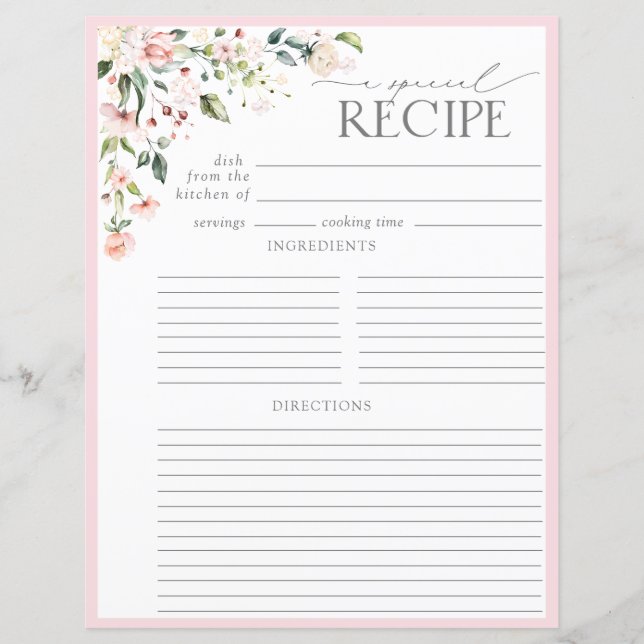 Elegante Floral Bridal Shower Receta Binder Página (Anverso)