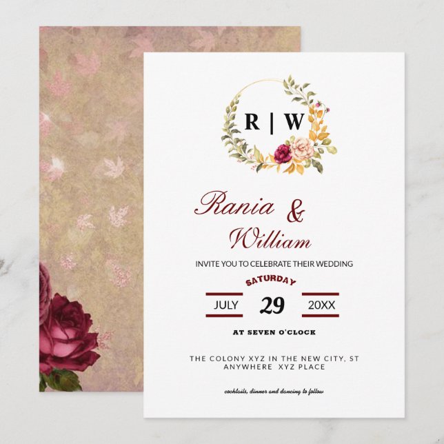 Elegante floral con texto caligráfico Invitación (Anverso / Reverso)