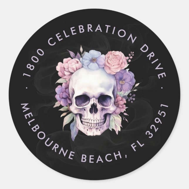 Elegante Floral & Cráneo Gótico Etiqueta de Direcc (Anverso)