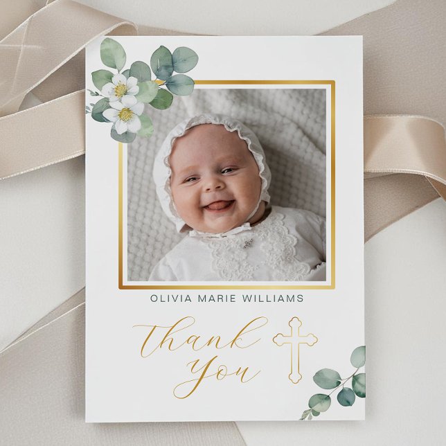 Elegante Floral Gold Cross Baptism Gracias Tarjeta (Gold Cross Photo Thank You Card)
