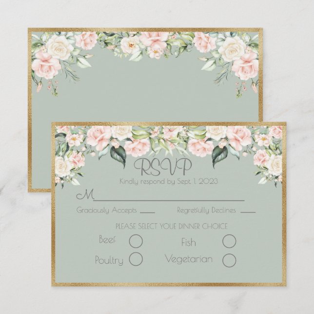 Elegante Floral Gold Green Script Wedding RSVP (Anverso / Reverso)