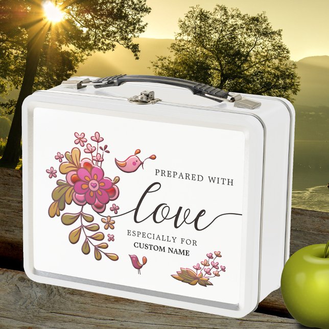 Elegante Floral Love Lunch Box (Elegant lunch box featuring a floral design with cute small birds and a script love text)