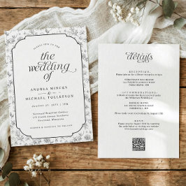 Elegante Floral Negro y Blanco Invitación de Boda