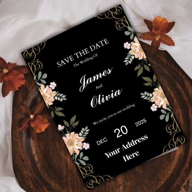 Elegante floral negro y la invitación a la boda de (Wedding Invitation )