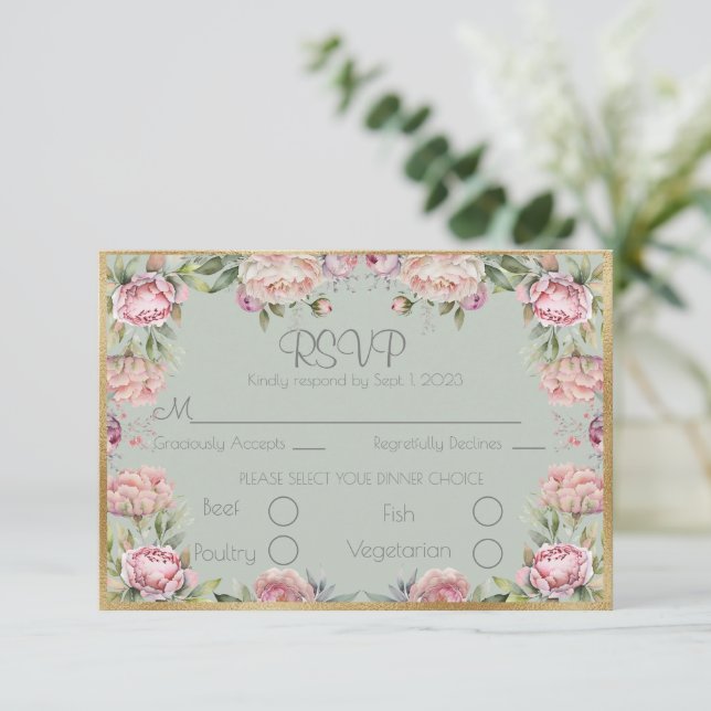 Elegante Floral Peonies Gold Script Wedding RSVP (Anverso de pie)