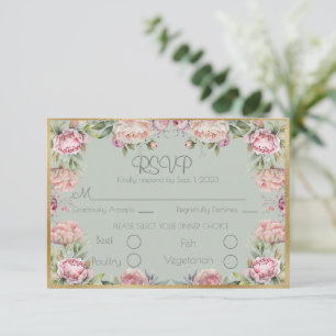 Elegante Floral Peonies Gold Script Wedding RSVP