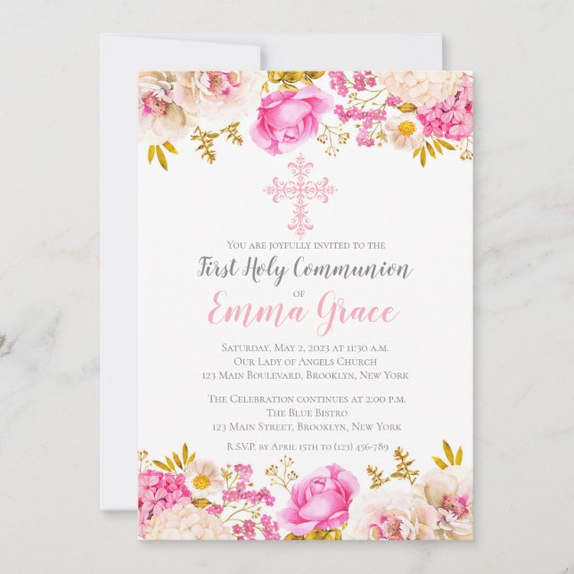 Elegante floral Primera invitación a la Santa Comu (Anverso)